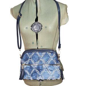 Woman's boho-fringe denim Dasein navy blue crossbody pocketed handbag